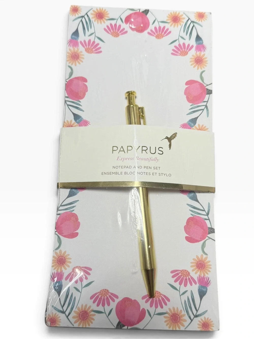 Papyrus Floral Long Desk Notepad & Gold Pen Set – New Sealed